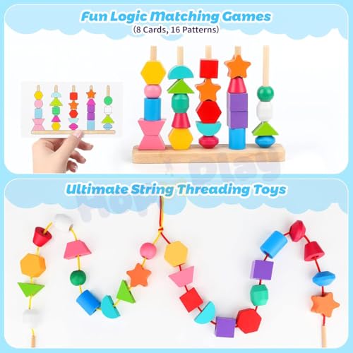 Image of Hop N Play Wooden Beads Sequencing Toy Set | Montessori Lacing & Stacking Toy for Kids 2-5 | Color & Shape Matching Beads Game for Kids | 22 Pcs Blocks and 10 pcs Cards