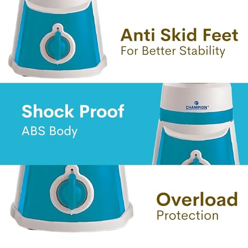 Image of Champion Fortune 750 watt Mixer Grinder | 3 Multipurpose Stainless Steel Jars & 1 Juicer Jar | Copper Motor with 22,000 RPM Speed | 3 Yrs Warranty | Smart Safety Features | White & Blue