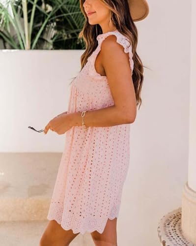 Image of Women's Summer Dress with Built in Shorts Sexy Summer V Neck Ruffle Sleeve Lace California Romper Dresses for Women