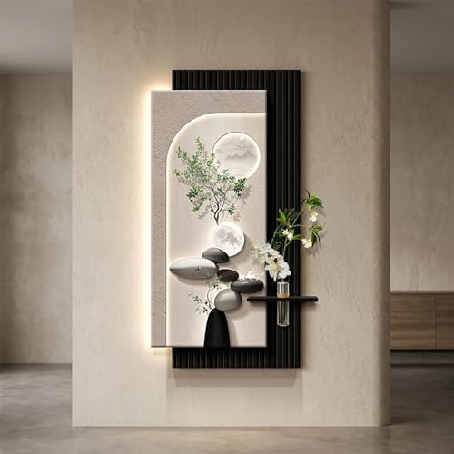 Décoration murale 3D grès LED avec plante artificielle et vase en verre salon 40x80