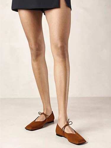 Image of Lace up Ballet Flats Women Square Toe Mary Jane Flats Bow Slip On Comfortable Ballerina Shoes