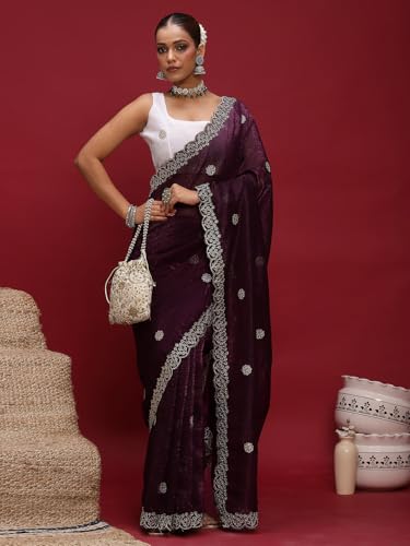 Image of AKHILAM Women's Tissue Embellished Saree With Unstitched Blouse Piece (RANI4701 RN Parent)