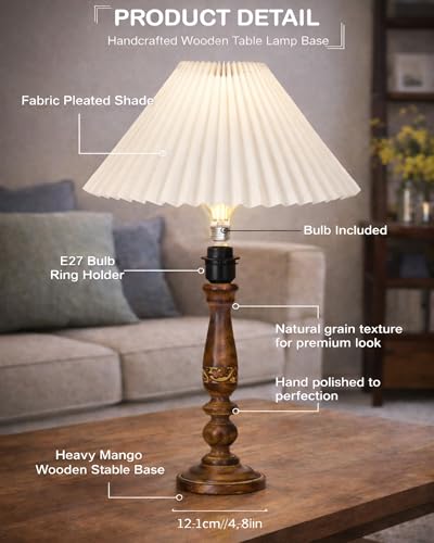 Image of Homesake Floral Carved Wood Table Lamp with Shade | Handcrafted Bedside Lamp, E27 Holder| Bulb Included |Warm Light Night Lamp, Bedroom, Living Room, Study & Home Decor, (Pleated Off-White)