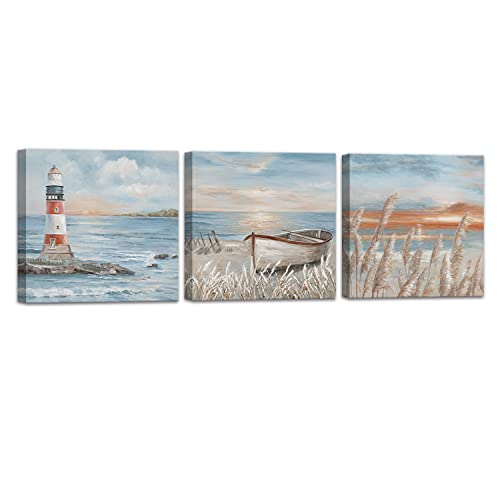 Yelash Sunset Coastal Lighthouse Wall Art: Beach Artwork Wall Decor For Living Room, Ocean Landscape Painting Canvas Art Poster For Home Decoration 12X12 X3 Inch #TOP11