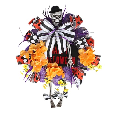 Jeenuuder Corona de puerta de entrada de halloween para puerta de entrada, corona de halloween, calabaza y esqueleto humano con piernas, decoración divertida para porche de halloween