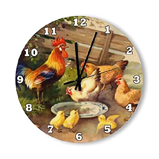 ArogGeld Rooster and Chickens Wall Clock Country Farmhouse Clocks Silent Round Wooden Battery Operated Decorative Hanging for Office Home Decor Wedding Birthday Housewarming Gift, Multicolor