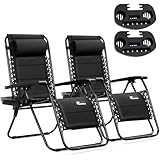 SUNMER Sun Lounger Padded Garden Chairs - Set of 2 Zero Gravity Chairs with Cup & Phone Holder, Adjustable Headrest & Pillow - 30° to 90° Folding Deck Recliner - Professional Outdoor Seating - Black