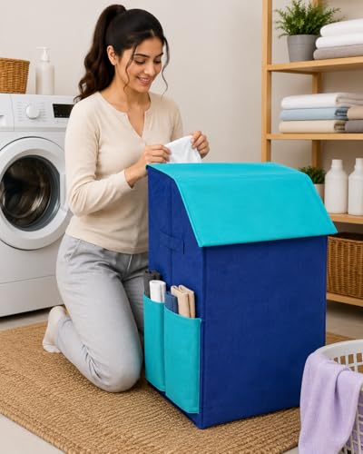 Image of 75 Liter Non Woven Laundry Basket with 2 Side Pockets for Socks and Handkerchief |Foldable Clothes Storage Bin Organizer for Dirty Clothes, Kids Toys, Bedroom & Bathroom (Dark & light blue)