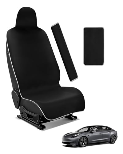 BIOOICH for Tesla Model 3/Y Waterproof Neoprene Car Seat Cover with Extended Seat Belts & Armrest Box Pads Sweatproof Non-Slip Seat Protector for Run Yoga Kids and Pet Protection(Black 3PCS)