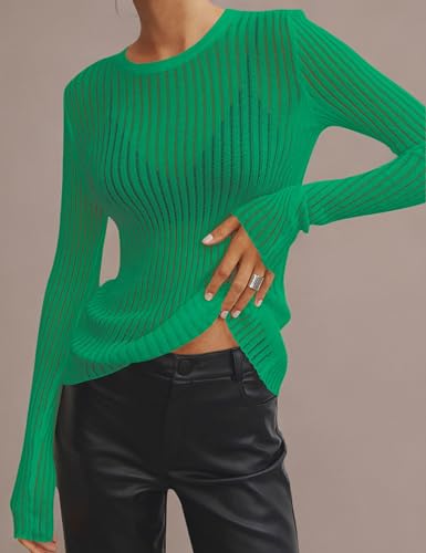 Image of KAMISSY Women See Through Crew Neck Sheer Mesh Knitted Sweater Solid Basic Long Sleeve Loose Fit Knit Pullover Jumper Top
