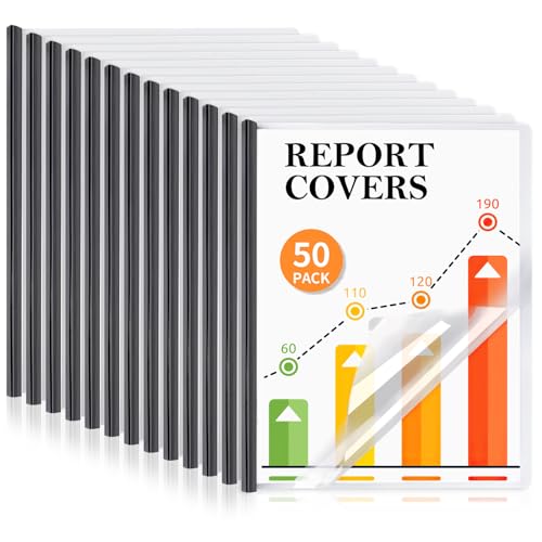 50 Pack Report Covers with Sliding Bar, Clear Report Covers for A4 and Letter Size Paper, Presentation Folders Resume Document Covers for School Office, Black