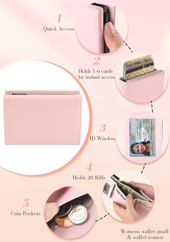 Pop Up Wallet Women - Slim Wallet with ID Window,RFID Blocking,Money Clip Minimalist Leather Slots Credit Card Holder Trifold Business Card Case and Coin Purse(Pink Wallet for women Gift3