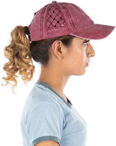 Funky Junque Criss Cross Hat Womens Baseball Cap Distressed Ponytail Messy Bun Trucker Ponycap (Basketweave - Berry) #TOP1