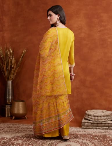 Image of Amazon Brand - Myx Women's Straight Kurta Set with Sharara Pant | Printed Dupatta | Sharara Suit Set with Dupatta (Available in Plus Sizes)
