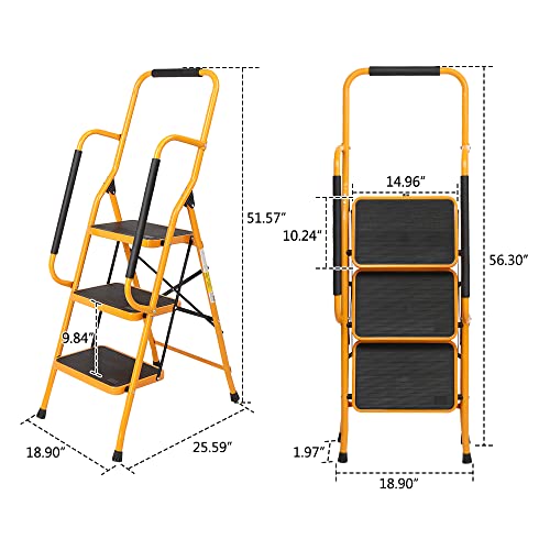 Image of 3 Step Ladder with Handrails Folding Step Stool with Anti-Slip Wide Pedal, Ladders for Home Kitchen Pantry Office, 330 lb Sturdy Steel Ladder for Adults Portable, Yellow