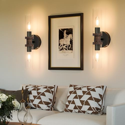 Image of Rayogale Black & Walnut Wireless Battery Operated Wall Sconce with Remote | Dimmable Rechargeable Wall Lights Set of 2, Timer, No Hardwire, Touch Control, 8000mAh, 3000K, Glass, Emergency, 16.5 Inch