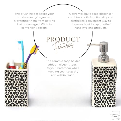 Image of Hand-Painted Ceramic Bathroom Accessories Set of 2 | 300ml Liquid Soap Dispenser & Toothbrush Holder | Rust-Proof Bathroom Organizer for Home & Wash Basin Decor | Black & White