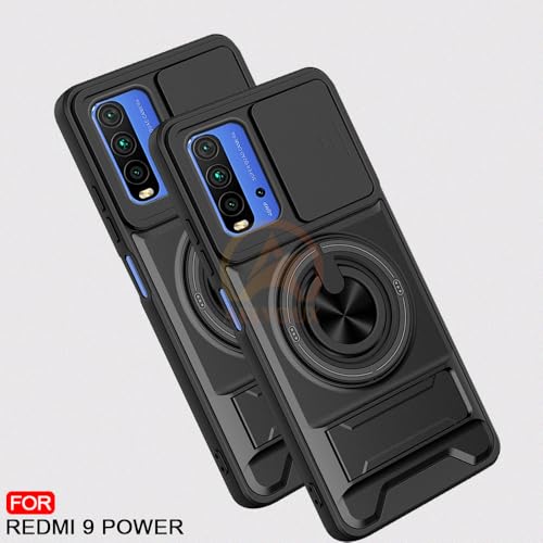 Image of Redmi 9 Power /Poco M3 Back Cover | Armor Camera Slider 360 Degree Rotating Finger Ring Holder Case with Bracket Stand Back Case Cover (Compatible with MagSafe Accessories) (Black)