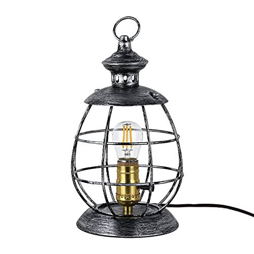 Lampe de Table Bureau Chevet Chambre Llecture Rustique Industrielle Vintge design e27 en Métal Lanterne Tableau Interieur de nuit LED Décorative Avec Ampoule Edison pour Salon Enfants Maison Terrasse
