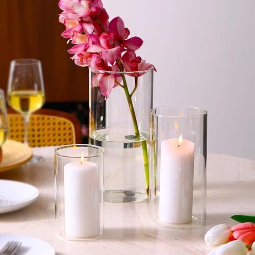 Ekhasa Juego de jarrones cilíndricos de vidrio | Floreros de cristal transparente para decoración del hogar y plantas acuáticas | Portavelas de vidrio | Tarro de vidrio para interior de bambú, plantas