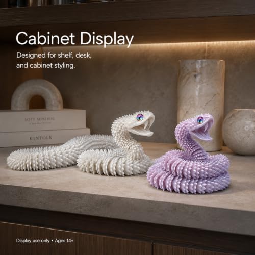 Image of 3D Printed UV Color Changing Viper Snake Sculpture, 23 inch White to Lavender Photochromic Articulated Display Piece, PETG Color Shift Snake with Movable Jaw & Fangs, Desk Decor for Collectors
