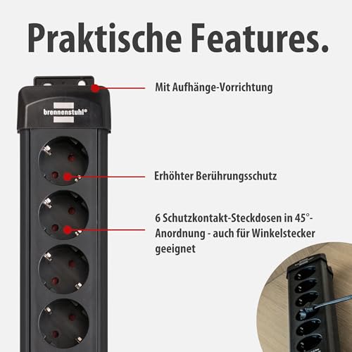 Brennenstuhl Premium-Line Steckdosenleiste 6-Fach mit Überspannungsschutz bis zu 26.000A (Mehrfachsteckdose mit 1,8m Kabel und mit Schalter, Steckdosenleiste Wandmontage, Made in Germany) schwarz
