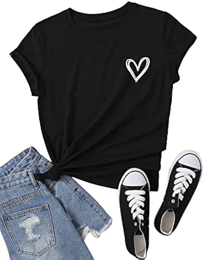 SweatyRocks Women's Heart Print T Shirts Summer Funny Short Sleeve Tops for Teen Girl