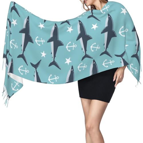 Shark Nautical Funny Anchor Pattern Tassel Scarf, Winter Warm Scarves Shawls Blanket For Women3