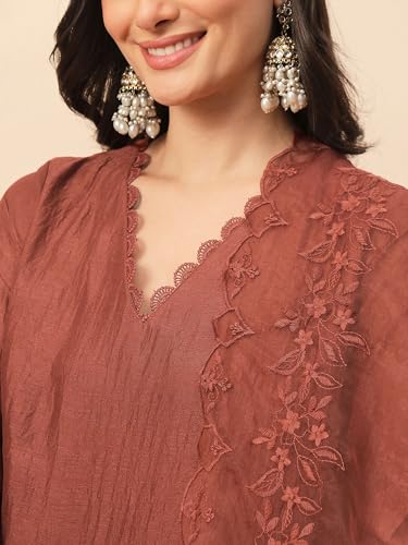 Image of FABIAN FASHION Women's Maroon Straight Kurta Palazzo Pant with Organza Dupatta Set Festive Ethnic Wear(ES 2537)