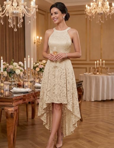 Image of Dressystar Women Halter Lace Wedding Guest Dress Hi-Lo Cocktail Party Bridesmaid Formal Dresses