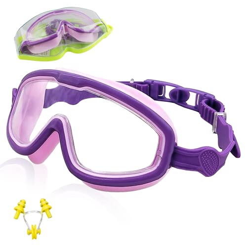 ProChosen Kids Swimming Goggles, Swimming Goggles for Kids Children Teens Age 3-15 Waterproof Anti-Fog UV Protection No Leaking, Boys Girls Swimming Goggles 6-14 with Nose Clip& Earplugs(Purple)