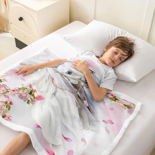 Image of Feelyou White Horse Sherpa Throw Blanket 50 inchx60 inch Boys Girls Gift