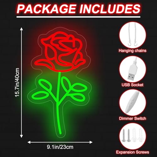 Image of Red Rose Flowers LED Neon Lighted Sign Acrylic Back Panel Logo Neon Sign USB Dimmer Switch For Home Living Room Flowers Store Party Wedding Wall Art Decor Night Lamps Singboards LED Signs, 15.7 inchx9.1 inch