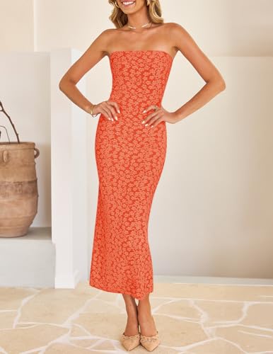 Image of ZESICA Women's 2026 Summer Floral Strapless Bodycon Midi Dress Off Shoulder Beach Formal Cocktail Wedding Guest Long Dresses