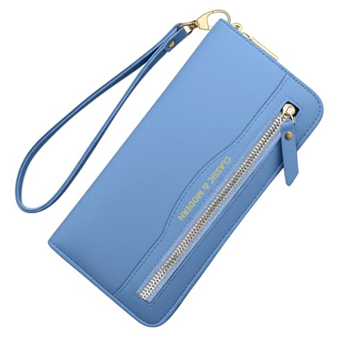 RFID Wallet for Women, Leather Large Billfold Clutch Wallets for Women, Long Ladies Wallet Purse with Wristlet, Women's Zippered Wallet with RFID-blocker Protection, Lightweight Female Wallet (Blue)