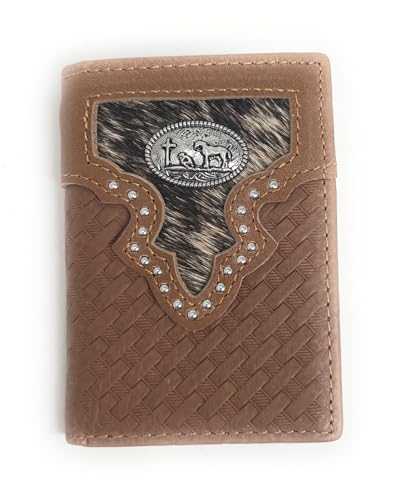 Western Basketweave Genuine Leather Cowboy Cow Fur Men's Short Trifold Wallet in 2 colors (Pray Cowboy Brown)