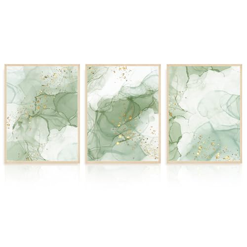 Dazzlewall 3Pcs Arte de Pared Verde Abstracto, Impresión de Arte de Salpicaduras de Tinta Verde Salvia Dorada Decoración de Pared para Sala de Estar Dormitorio Baño, 12x16 Pulgadas Sin Marco