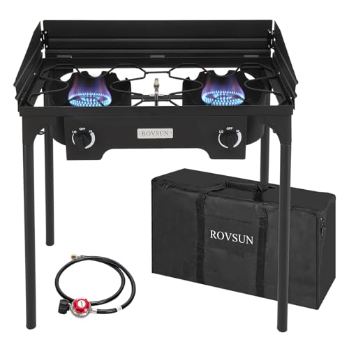 ROVSUN 2 Burner Outdoor Propane Gas Stove with Windpanel, Carrying Bag & Regulator, 150,000 BTU Stand Cooker for Backyard Cooking Camping Home Brewing Canning Turkey Frying