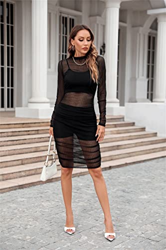 Image of Atyfuniby Women's Sexy 3 Piece Outfits Mesh See Through Ruched Midi Dresses + Crop Tank Tops + Skinny Shorts Sets Clubwear