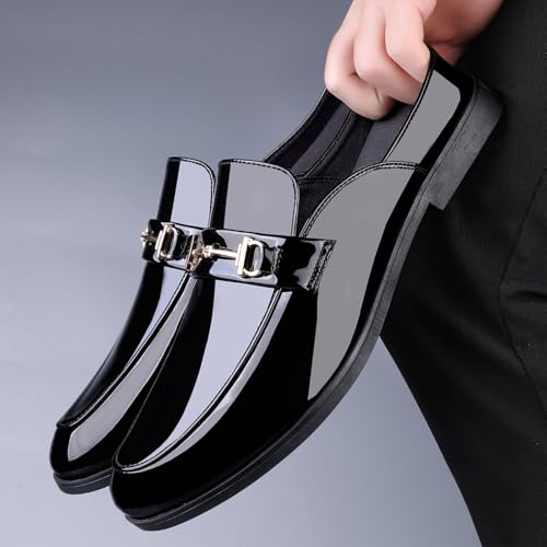 Image of Men's Patent Leather Slip-On Dress Mules Slippers Fashion Printing Comfort Round Toe Low Heel Open Backless Casual Clogs Loafers with Metal Buckle Decoration