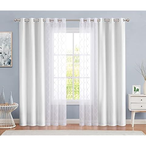 Fragrant White Blackout Curtain Set 4 Pieces Mix and Match Embroidered Diamond Sheer Window Treatment and Solid Room Darkening Curtains for Living Room Grommet Top W52 xL84 x4 Cover