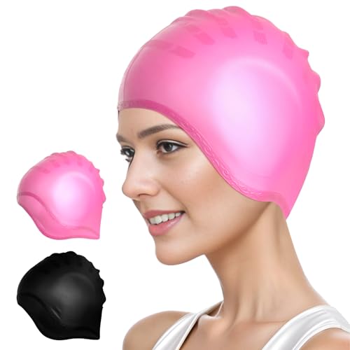 2 Pack Silicone Swim Cap with 3D Ear Protection, Waterproof Swimming Cap Bathing Cap Non-Slip Swim...