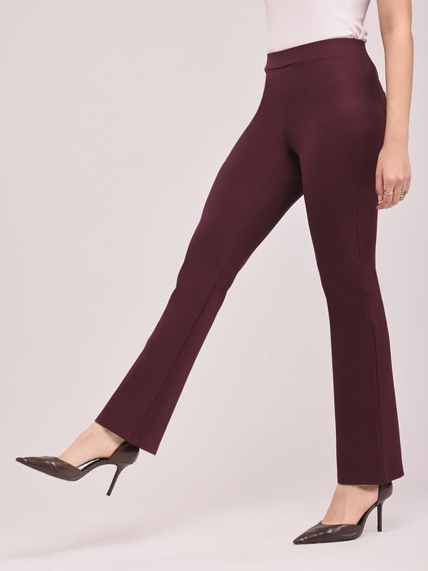 Image of FableStreet Women's Bootcut Stretch Livin Trousers | Nylon Rayon with Mid-Rise Waist | Solid Pattern & Plain Weave Fabric | Office Wear & Business Meetings