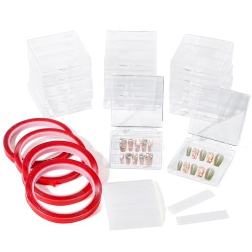 Image of 50 Pcs Press-on Nail Storage Boxes, Clear Acrylic Containers With Double Sided Tapes & Display Strips, Artificial Storage Cases, Transparent Organizers for Art Display