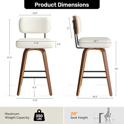 Image of Swivel Bar Stools Set of 2, 26 inch Upholstered Faux Leather Counter Height Barstools with Walnut Back & Bentwood Legs, Mid Century Modern Bar Chairs Island Stools for Kitchen Counter, Cream White