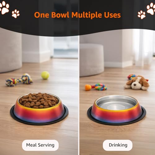 Image of Amazon Basics Stainless Steel Pet Feeding Bowls for Dog & Cats | Anti Slip Base | Set of 2 | 700 ml Each | Rainbow Color