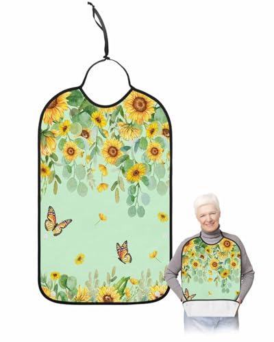 LEOKOTI Sunflower Adult Bibs for Eating, Waterproof Bibs with Food Catcher & Snap Closure, Butterfly Summer Botanical Eucalyptus Leaves Teal Washable Clothing Protectors Adult Bibs for Elderly