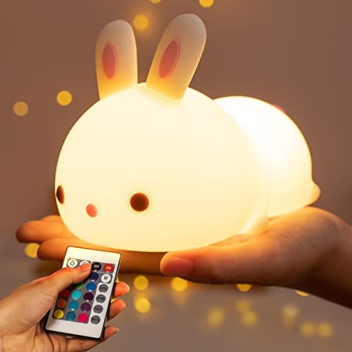 One Fire Nachtlicht Kinder Nachtlicht Baby, 16 Farben+Stilllicht Dimmbar+Fernsteuerung Nachtlampe Kinderzimmer Deko,Weich Silikon Kawaii Hase Nachttischlampe Kinder Kawaii Deko Bab