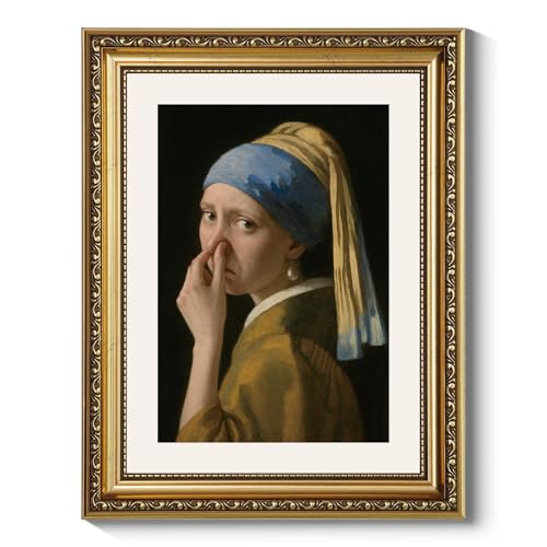 ARPEOTCY Gold Framed Canvas Wall Art, 11x14 Inch Vintage Funny Bathroom Art, Retro Toilet Parody of Girl with a Pearl Earring, Classical Minimalist Oil Painting Print for Restroom or Home Decor