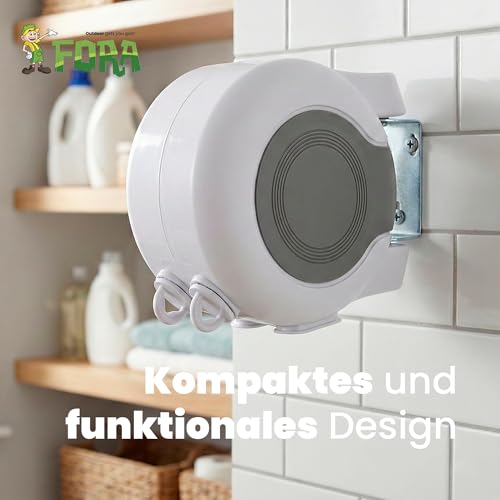 FORA Wäscheleine Mit 2 Ausziehbaren Seilen 26m (13m×2) – ABS+PVC, 180° Schwenkbar, Traglast 15 Kg, Leine 2.9 Mm, Weiß/Grau